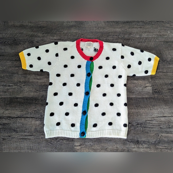 Susan Bristol Sweater Funky White Polka Dot Short Sleeve Vintage Sweater Size M - Picture 1 of 8